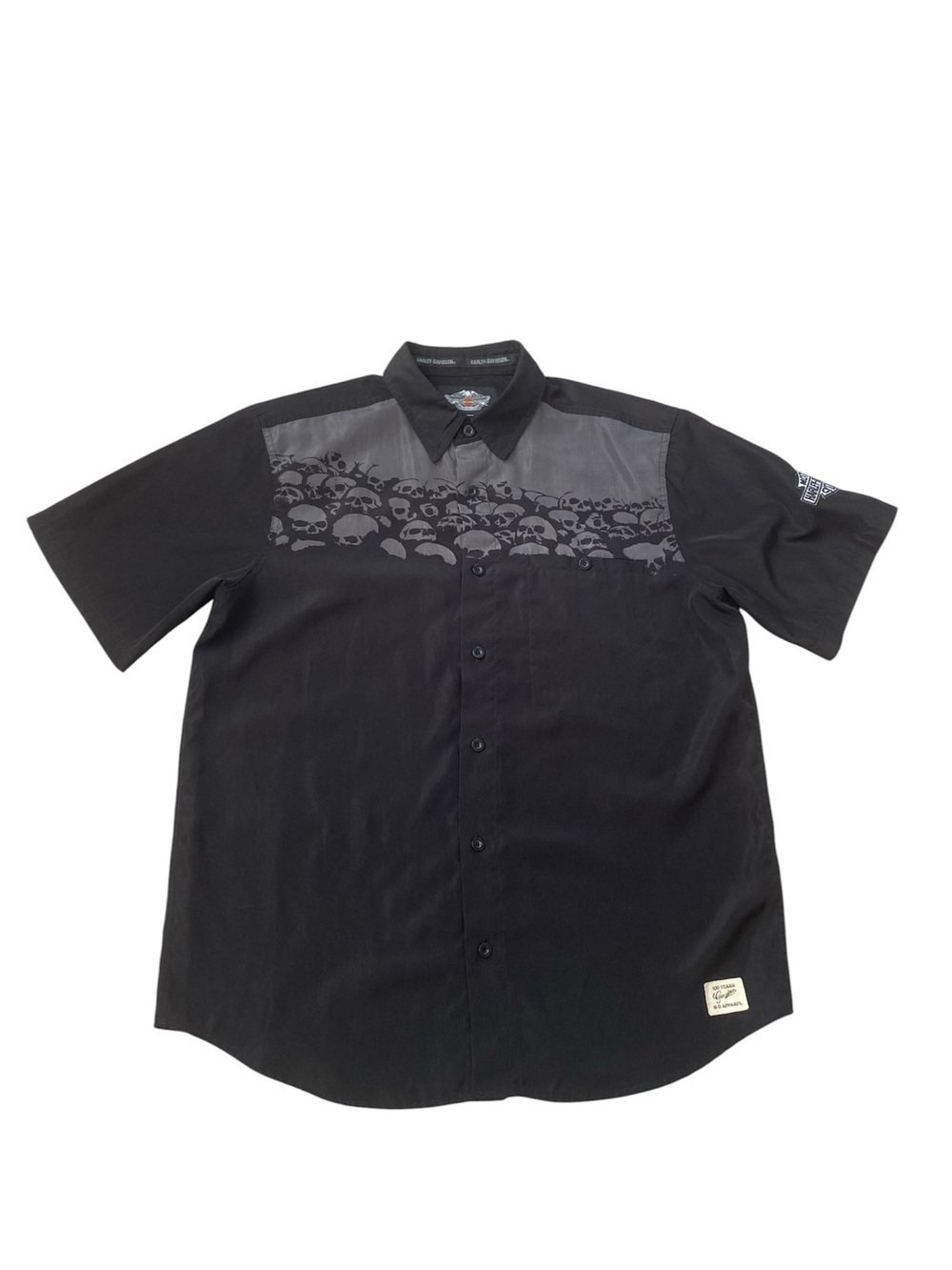 Harley-Davidson Black Short Sleeve Skull Panel Button-Up Shirt large pearl men’s